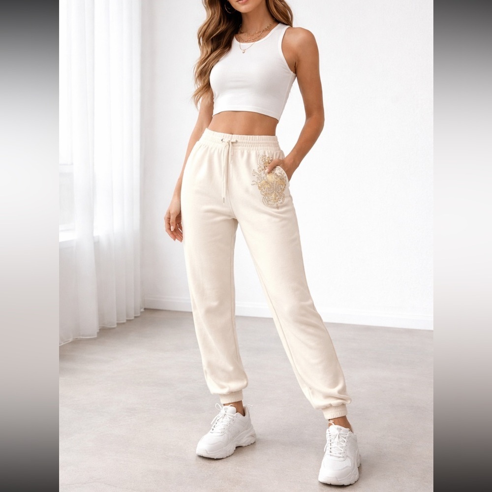 NWT Express Creme/Gold Emblem Tie Waist Jogger Sweatpants Size L